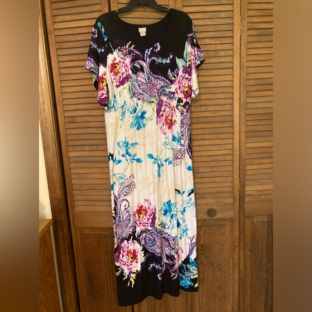 Chicos Short Sleeve Knit Maxi Dress Floral Print Size 2 (12/14)